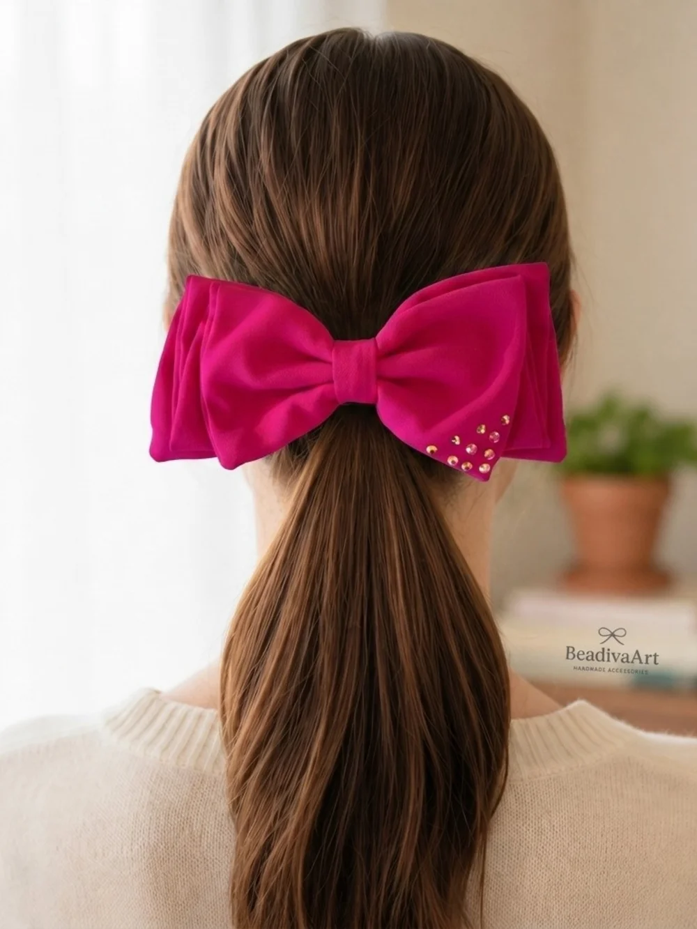 Handmade Hot Pink Bow Hair Clip with Crystal Details🎀✨